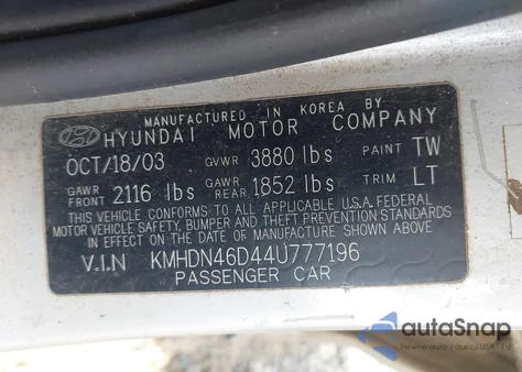 2004 Hyundai Elantra Gls/Gt from USA, damaged, VIN KMHDN46D44U777196